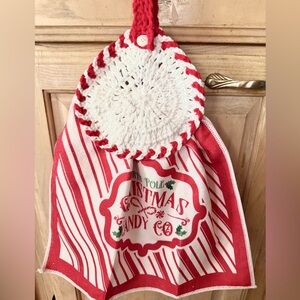 Handmade Christmas Kitchen Towel | Crocheted Topper | Red & White Candy Cane